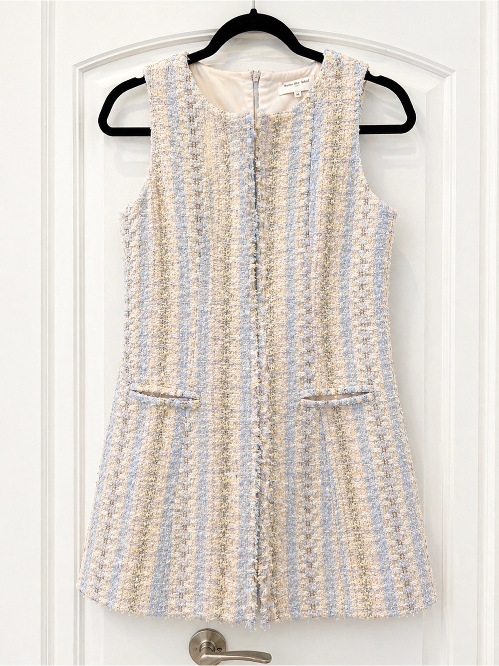 Sleeveless Pastel Tweed Asymmetrical Dress - Light Blue & Cream
